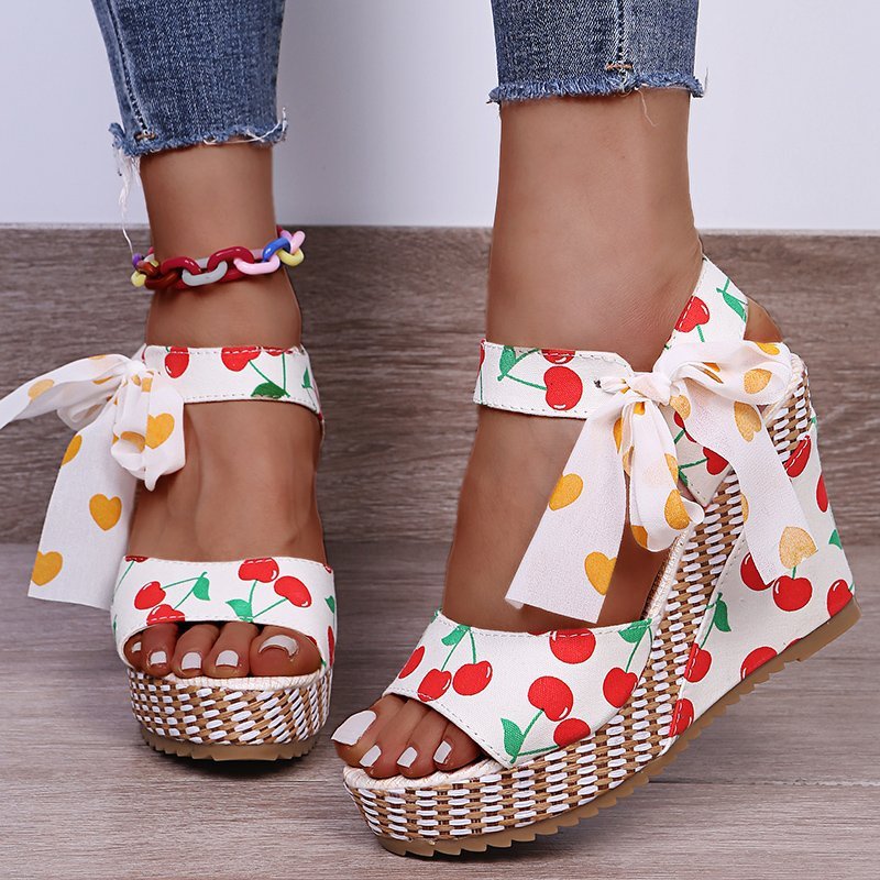 Fruit Pattern Word Fish Mouth Bow Women's Shoes