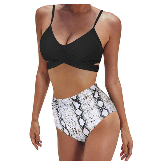 Bikini da donna con spalline incrociate, vita alta e stampa