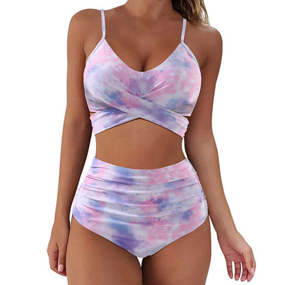Cross Strap High Waist Printed Split Ladies Bikini