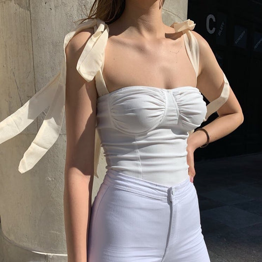 Casual Sweet T-Shirt Women Tops Fashion Regular Low Bandage Solid