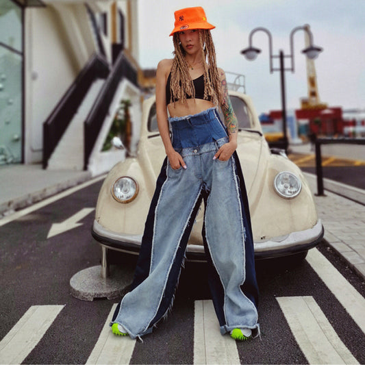 Jeans Women's Fall New High Waist Loose Thin Color Matching Trousers Flared Pants Mopping Pants Trend