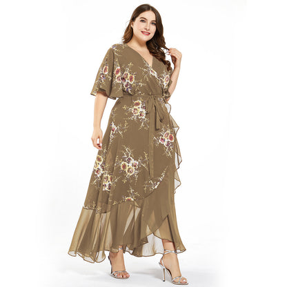 Abito da sera taglie forti da donna in chiffon stampato, abito lungo, grasso