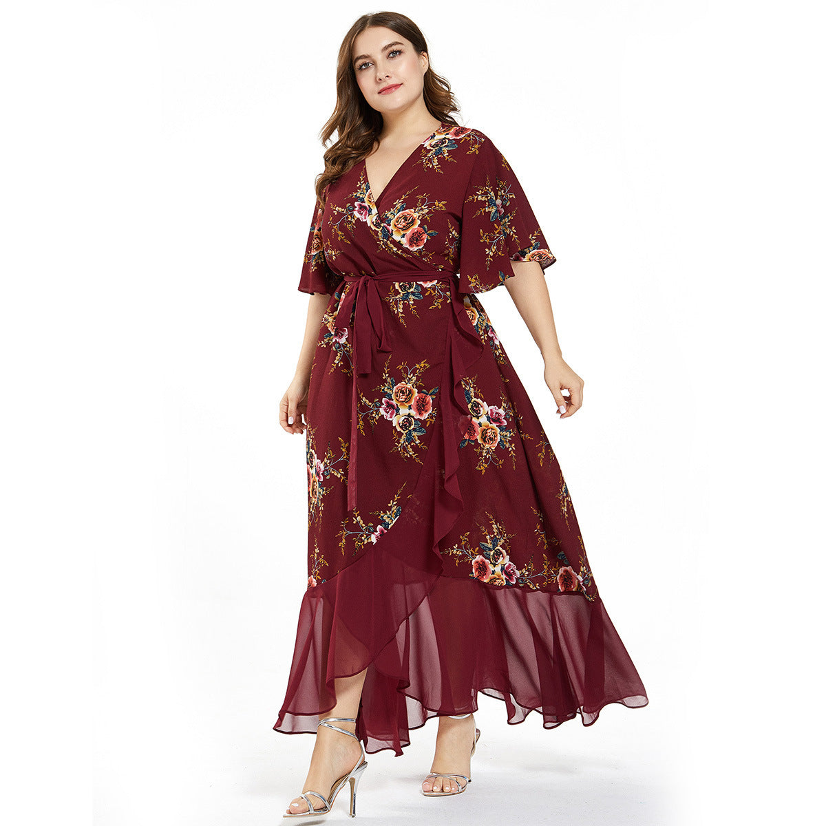 Abito da sera taglie forti da donna in chiffon stampato, abito lungo, grasso