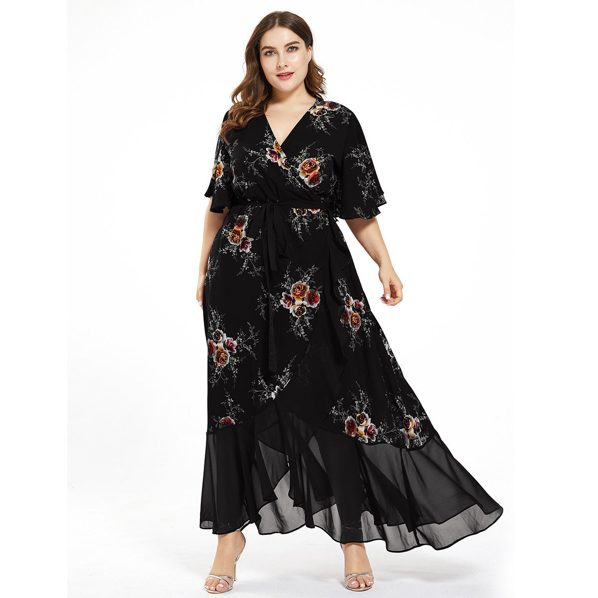 Abito da sera taglie forti da donna in chiffon stampato, abito lungo, grasso