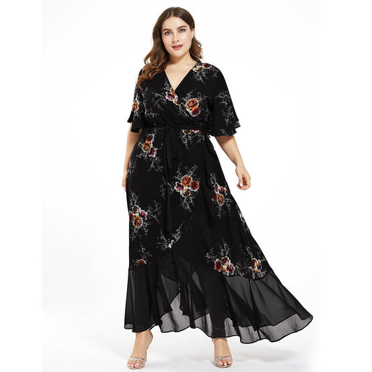 Plus Size Evening gown Women Printed Chiffon long dress Fat