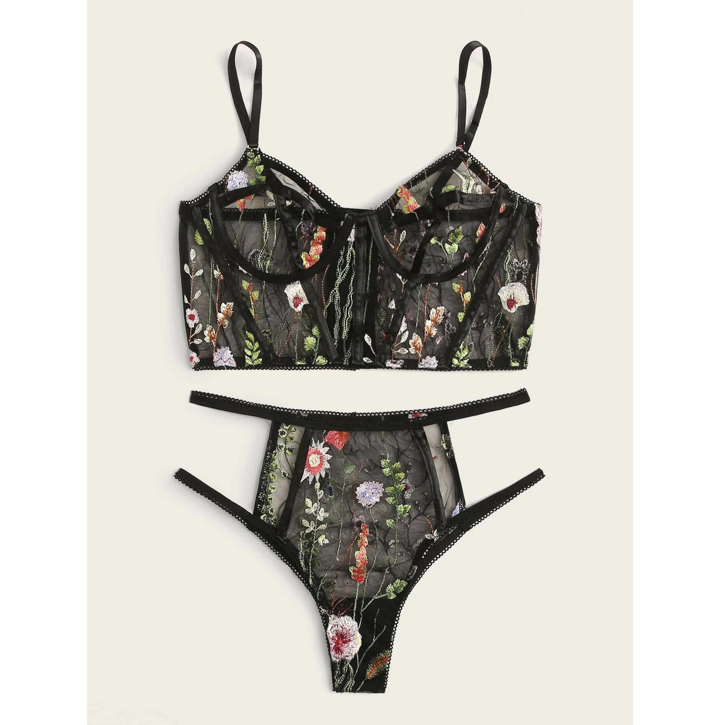 Sexy Lingerie Women Underwear Set Mesh See-through Floral Embroidery Bra