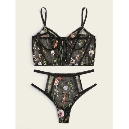 Sexy Lingerie Women Underwear Set Mesh See-through Floral Embroidery Bra