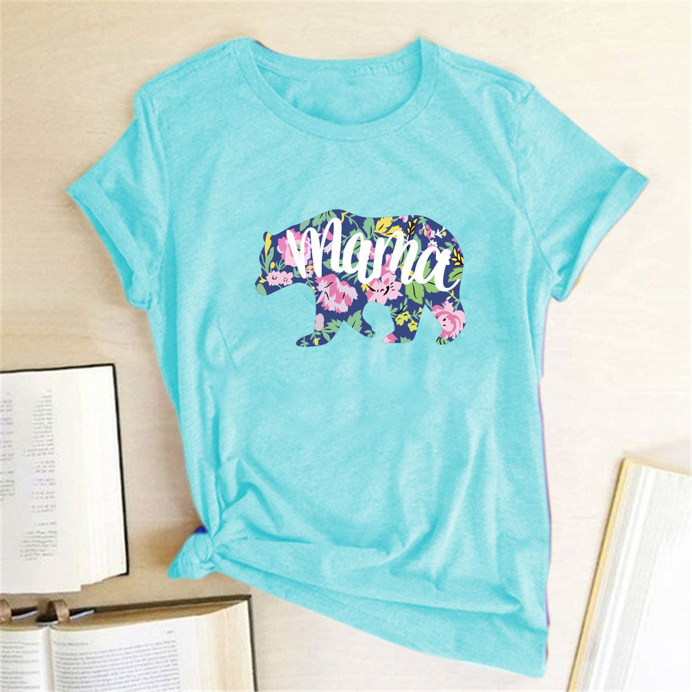 Mama Mom Bär Buchstabendruck T-Shirt Leopardenmuster Großer und kleiner Bär Tierdruck Kurze Ärmel