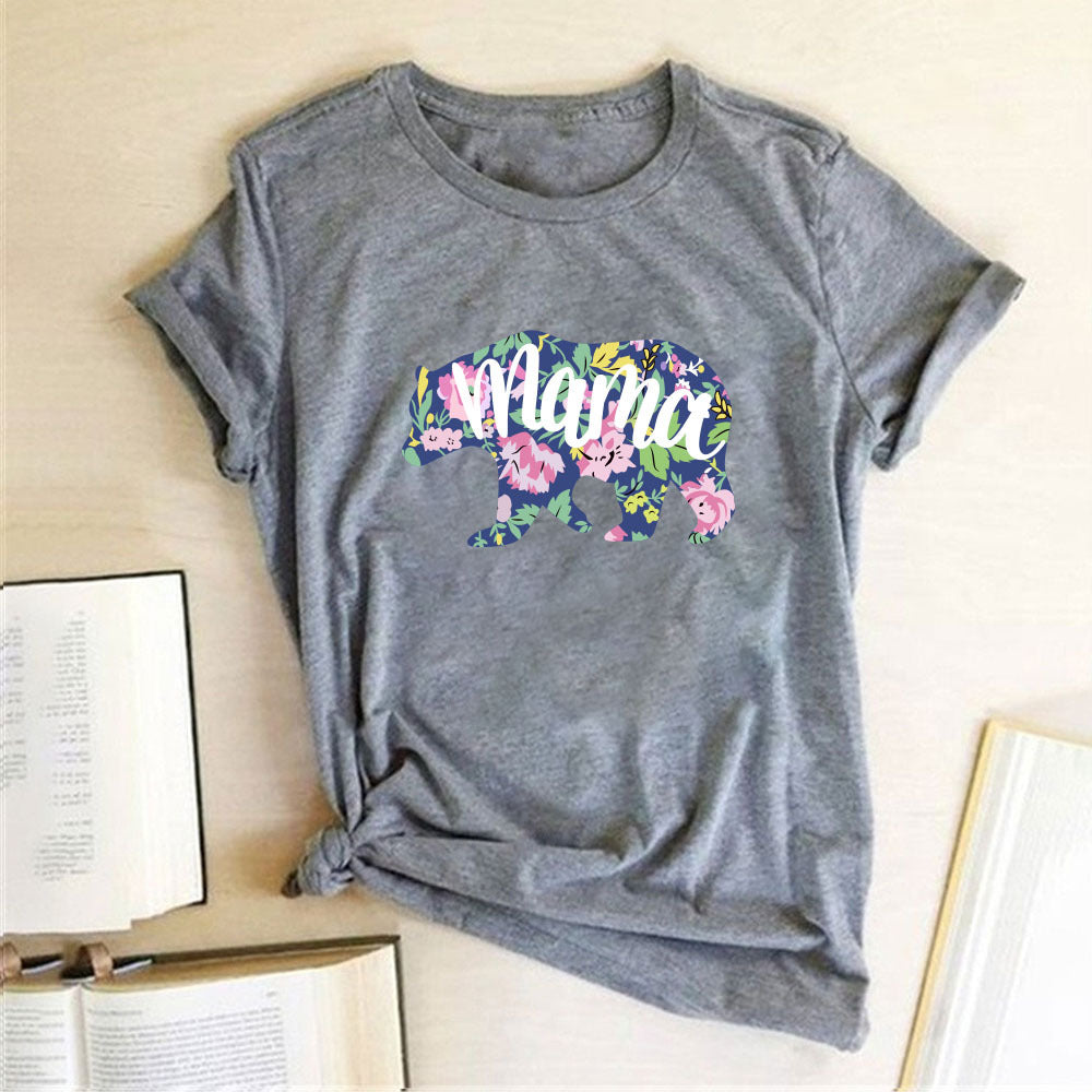 Mama Mom Bär Buchstabendruck T-Shirt Leopardenmuster Großer und kleiner Bär Tierdruck Kurze Ärmel