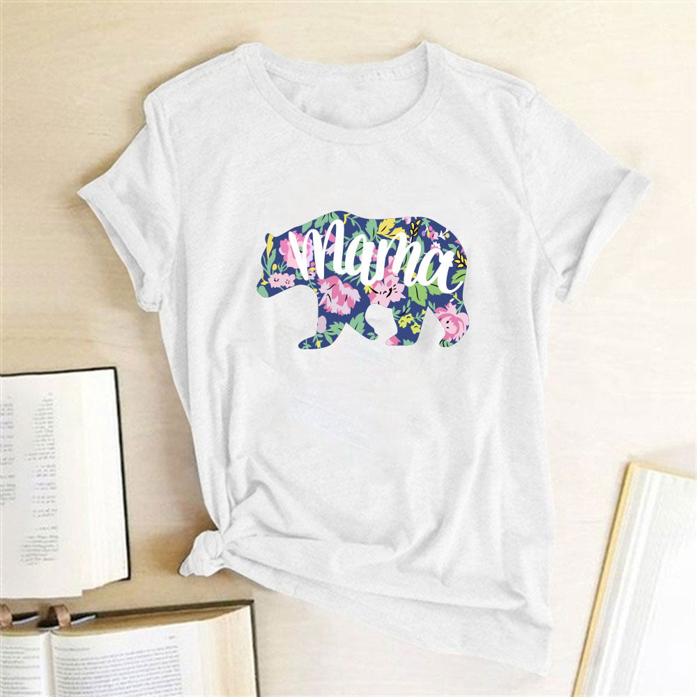 Mama Mom Bär Buchstabendruck T-Shirt Leopardenmuster Großer und kleiner Bär Tierdruck Kurze Ärmel