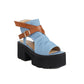 Sandali da donna in denim con cinturino in pelle e punta aperta, alla moda