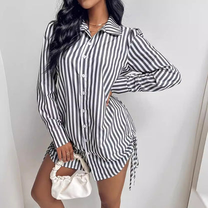 Abito-camicia a righe a contrasto di colore, a maniche lunghe, con risvolto, da donna