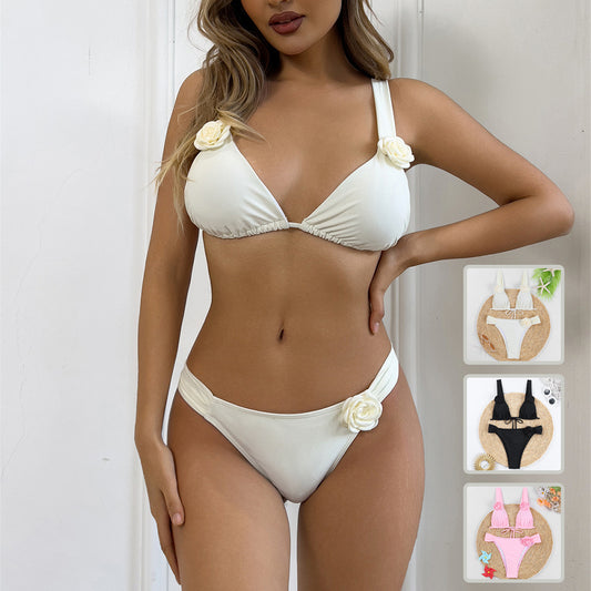 Sommer-Strand-Bikini 3D dreidimensionale Blumen Bikini Set Sexy Einfarbig Badeanzug Damenbekleidung