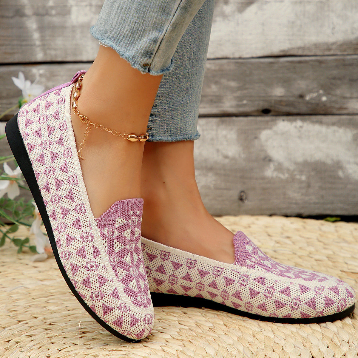 Scarpe basse con punta rotonda stampata, scarpe casual alla moda, traspiranti, in maglia, mocassini per donna