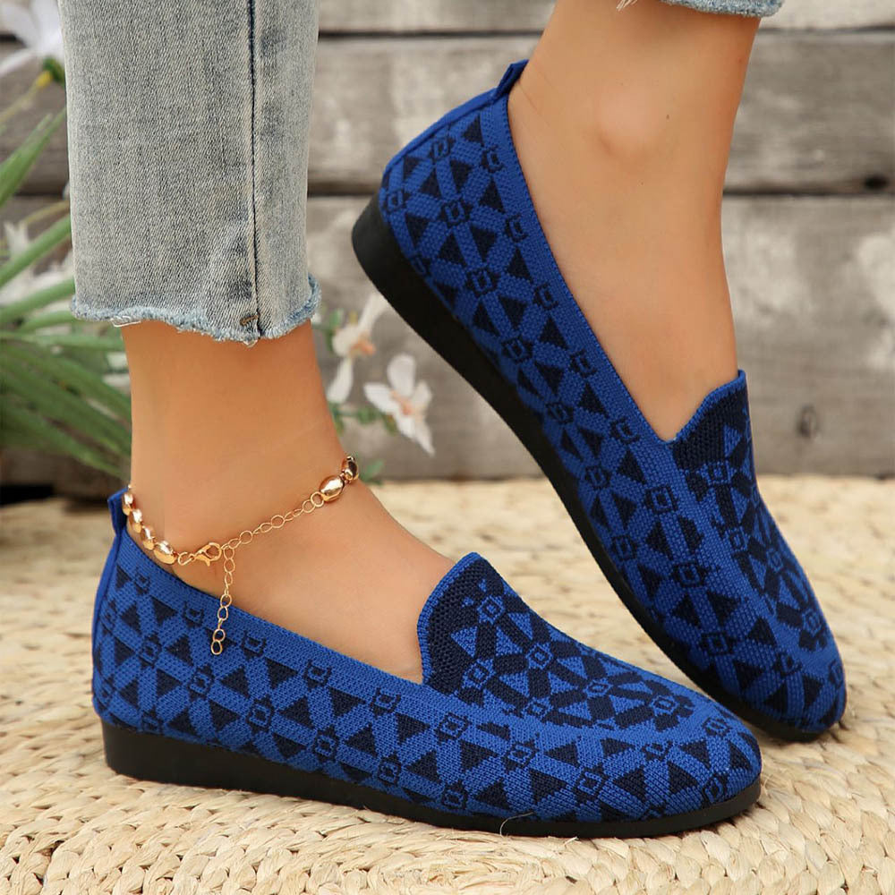 Scarpe basse con punta rotonda stampata, scarpe casual alla moda, traspiranti, in maglia, mocassini per donna
