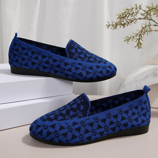 Bedruckte flache Schuhe mit runder Spitze, modische, lässige, hohle, atmungsaktive Strickschuhe, Halbschuhe für Damen