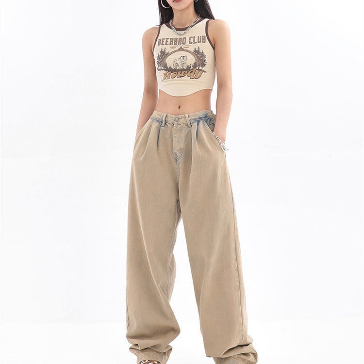 Women's Vintage Washed High Waist Loose Straight Casual Pants