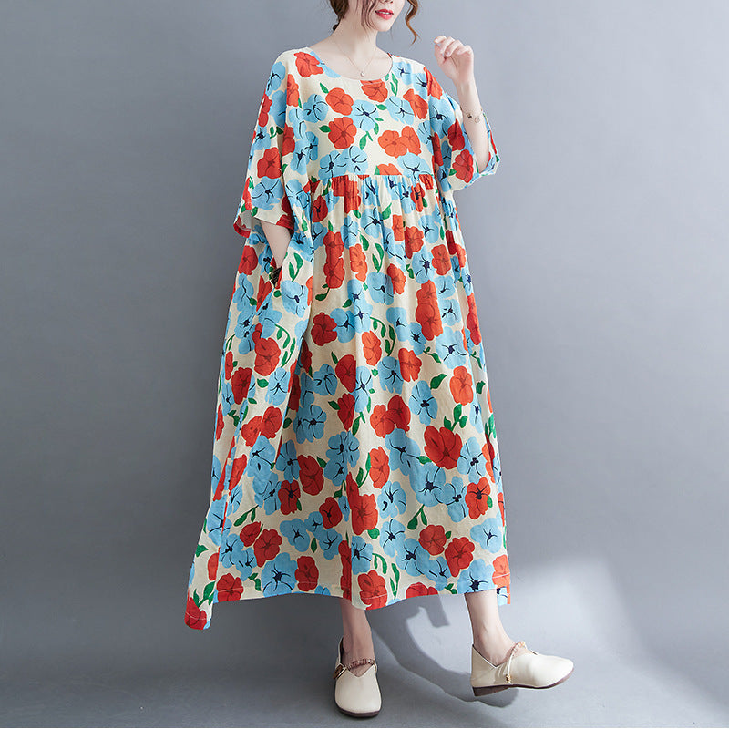 Künstlerisches, großes, lockeres, bedrucktes Kurzarmkleid aus Baumwolle und Leinen für Damen