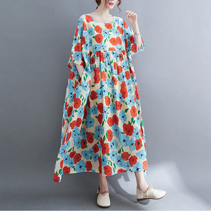 Künstlerisches, großes, lockeres, bedrucktes Kurzarmkleid aus Baumwolle und Leinen für Damen