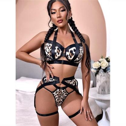 Biancheria intima con stampa leopardata e tre punti, set di biancheria intima con spalline