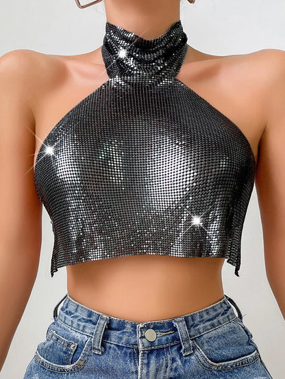 Canotta a collo alto con paillettes alla moda da donna