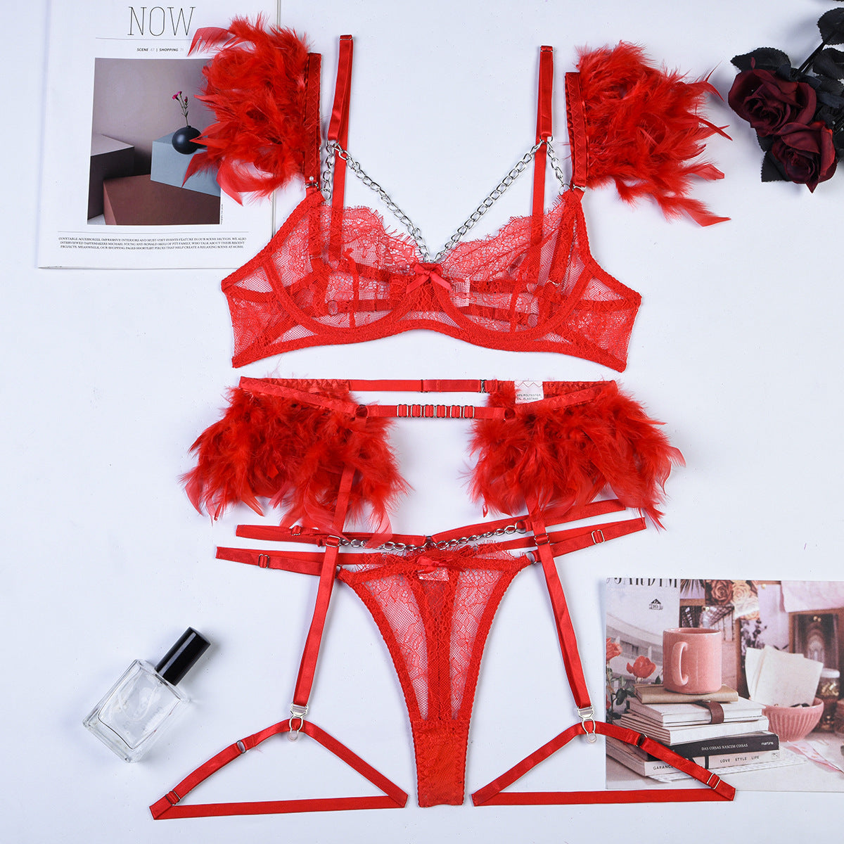 Reggiseno intimo sexy in pizzo con catene natalizie da donna