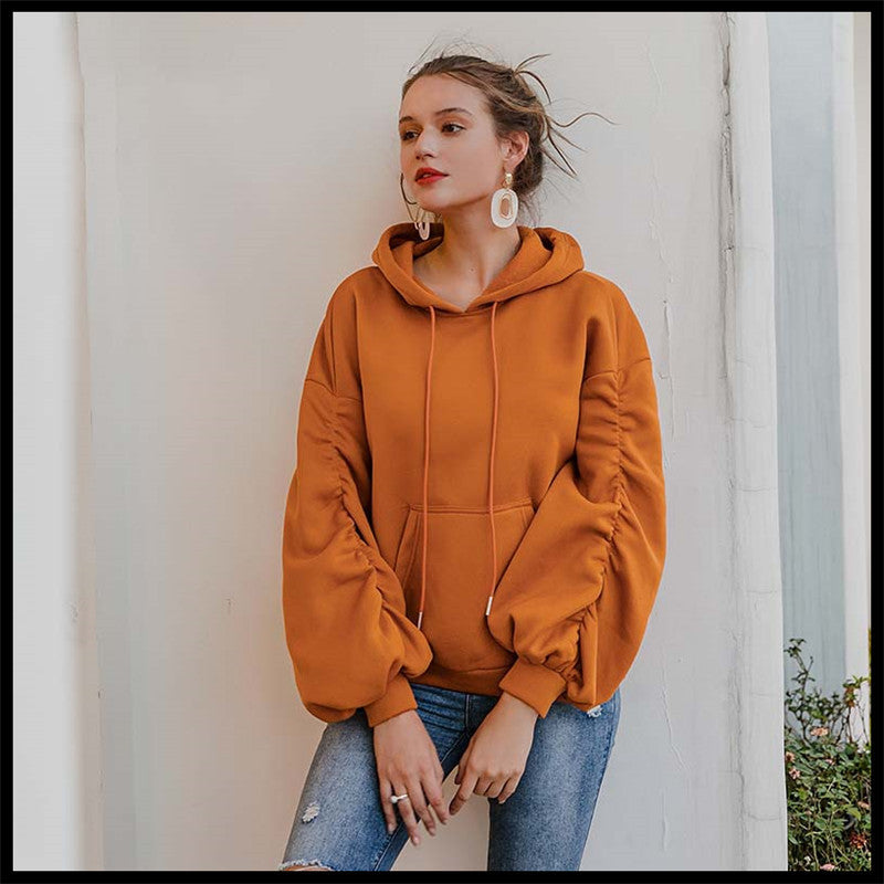 Kürbisfarbener Plissierter Pullover im Hong Kong-Stil mit Kapuze, einfarbig, lockerer Pullover