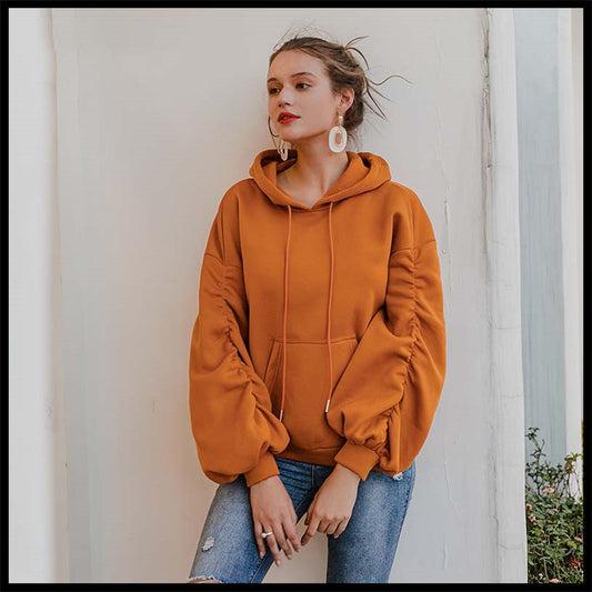 Kürbisfarbener Plissierter Pullover im Hong Kong-Stil mit Kapuze, einfarbig, lockerer Pullover