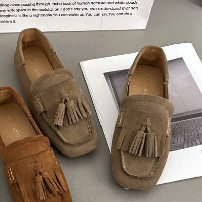 Quadratischer Kopf, weiche Sohle, Damen-Loafer mit All-Match-Quaste, flachem Mund, rutschfest, mit einem Pedal