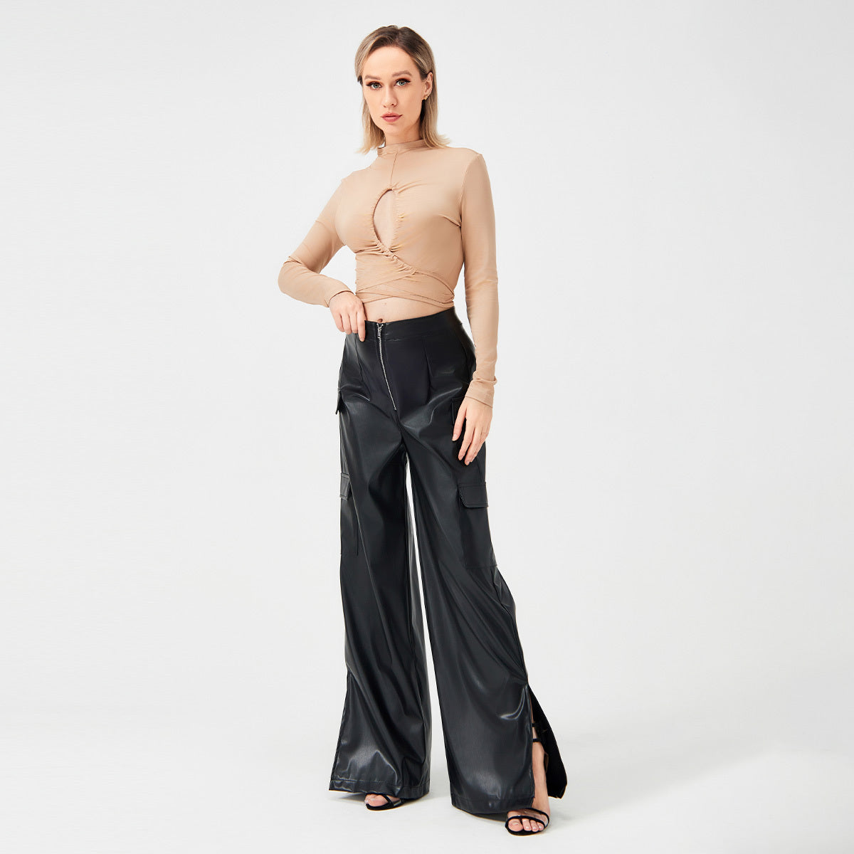 Fashion PU Trousers Metal Zipper Pocket Long Pants
