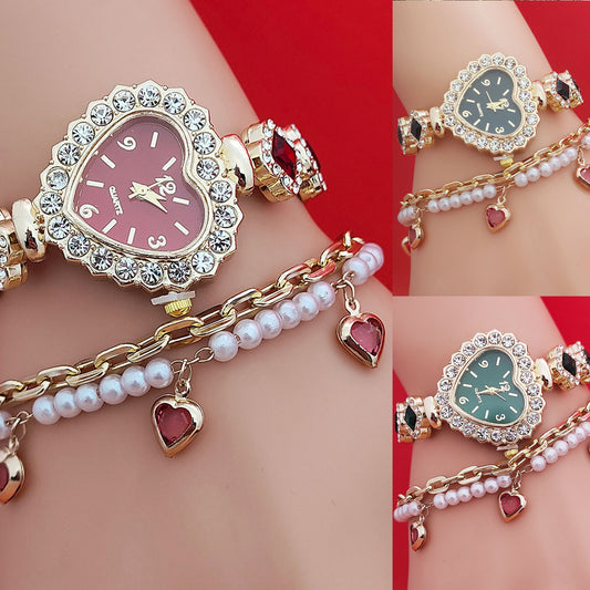 Fashion Love Shape Bracelet Watch Set Diamond Colored Heart Quartz Watch Women's Fashion