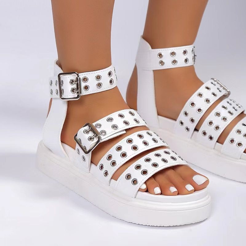 Damen-Sandalen mit offener Spitze und dicker Sohle, Outdoor-Nietenknopf