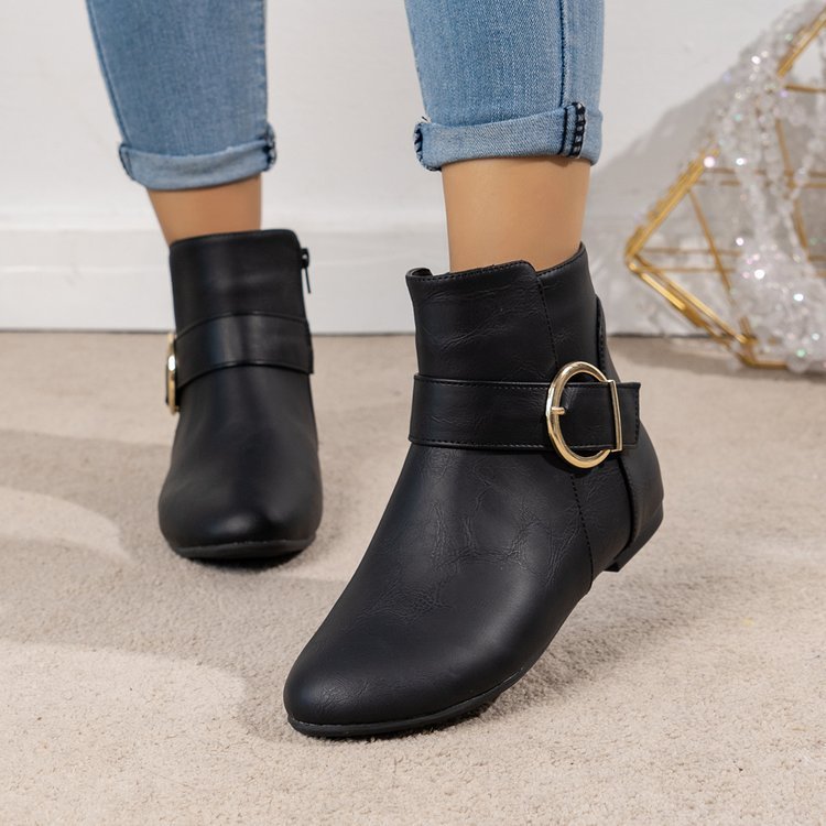 Big Buckle Side Zipper Flat Bottom Low-top Martin Boots