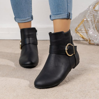 Big Buckle Side Zipper Flat Bottom Low-top Martin Boots