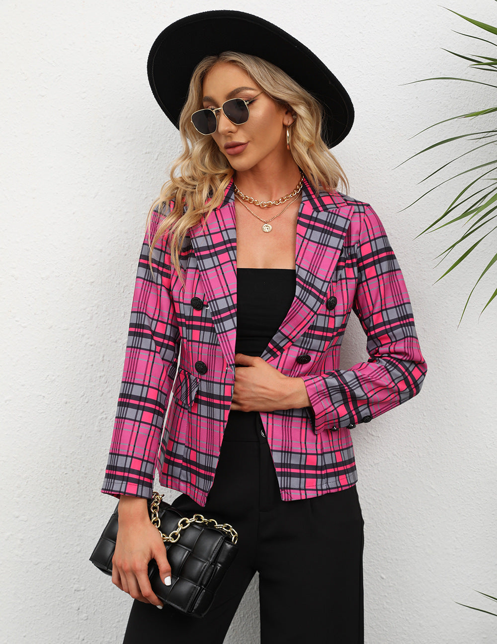Women's Fashion Plaid Button Lapel Long Sleeve Coat