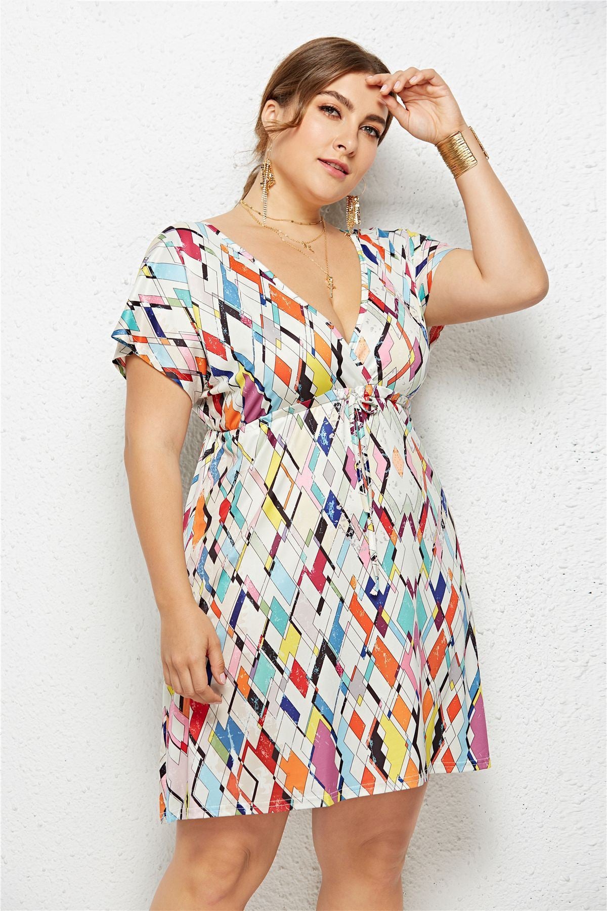 Women Summer Print Dress Casual Deep V Neck Beach