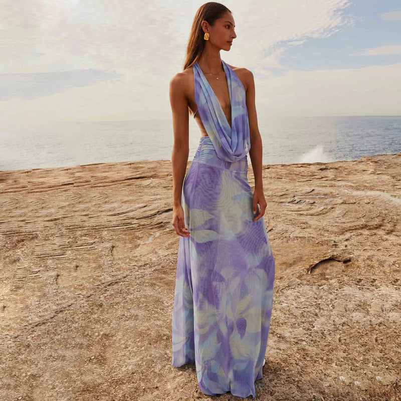 2 stücke Tie Dye Druck Tiefem V-ausschnitt Anzüge Mode Neckholder Rückenfreie Lange Kleider Für Strand Party Damen Kleidung