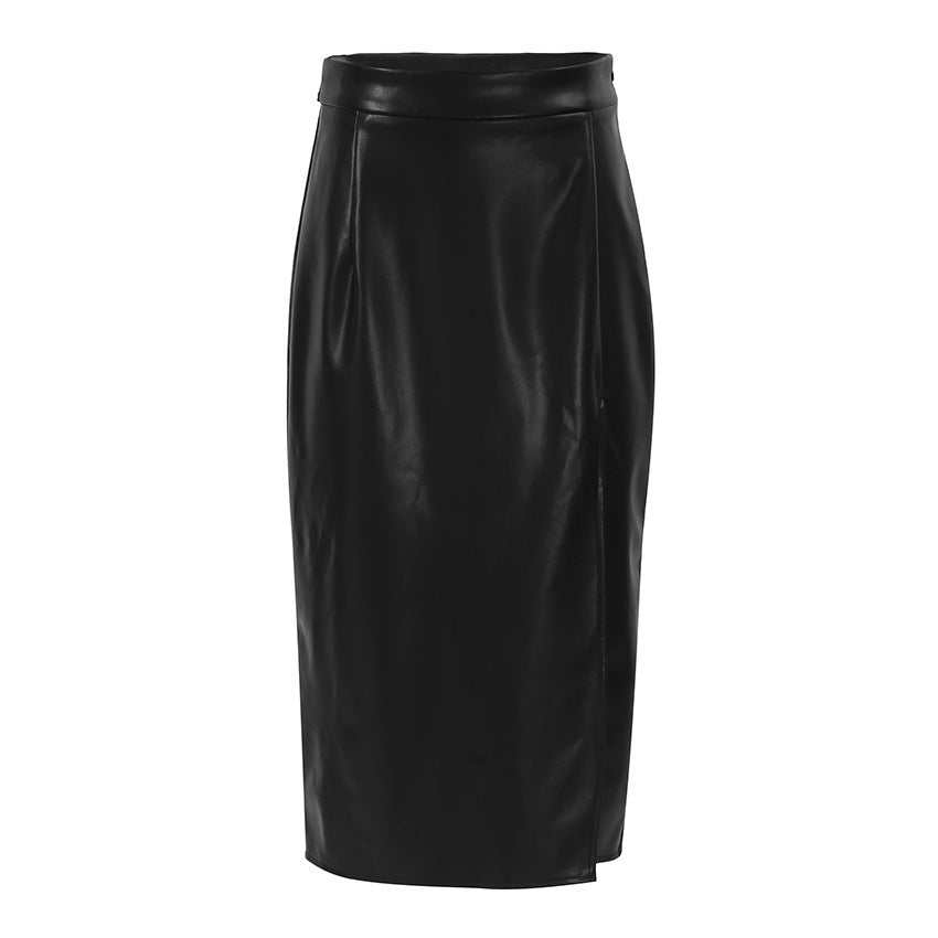 Sexy Lederrock mit Schlitz, mittellang, hohe Taille