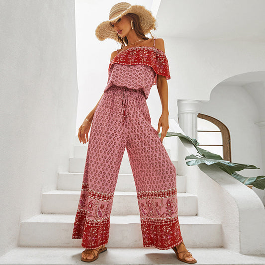 Tuta lunga casual da donna con pannello stampato rosso