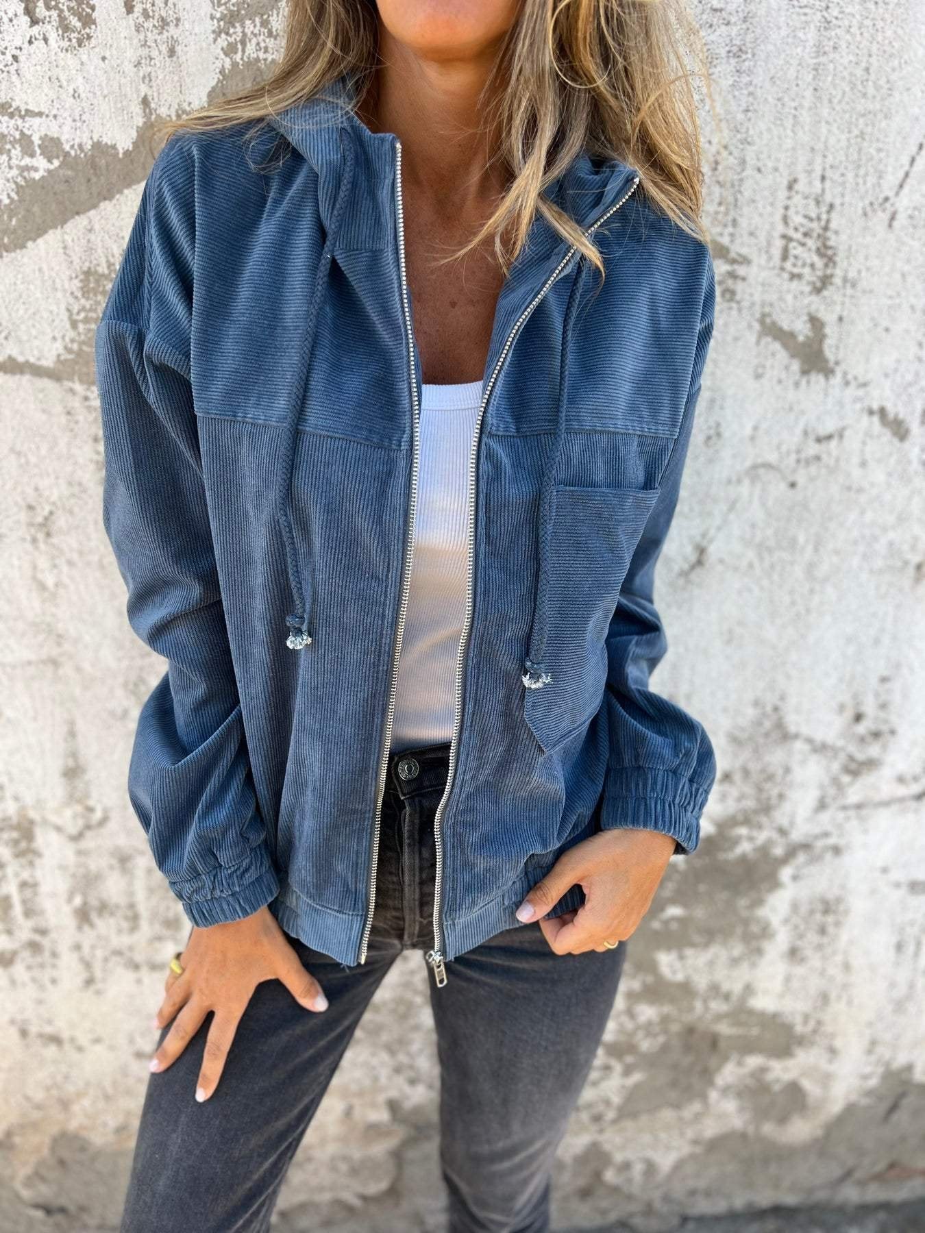 Corduroy Hooded Zip-up Jacket With Pockets Fashion