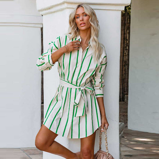 Abito camicia casual con lacci a maniche lunghe stampato a righe alla moda da donna