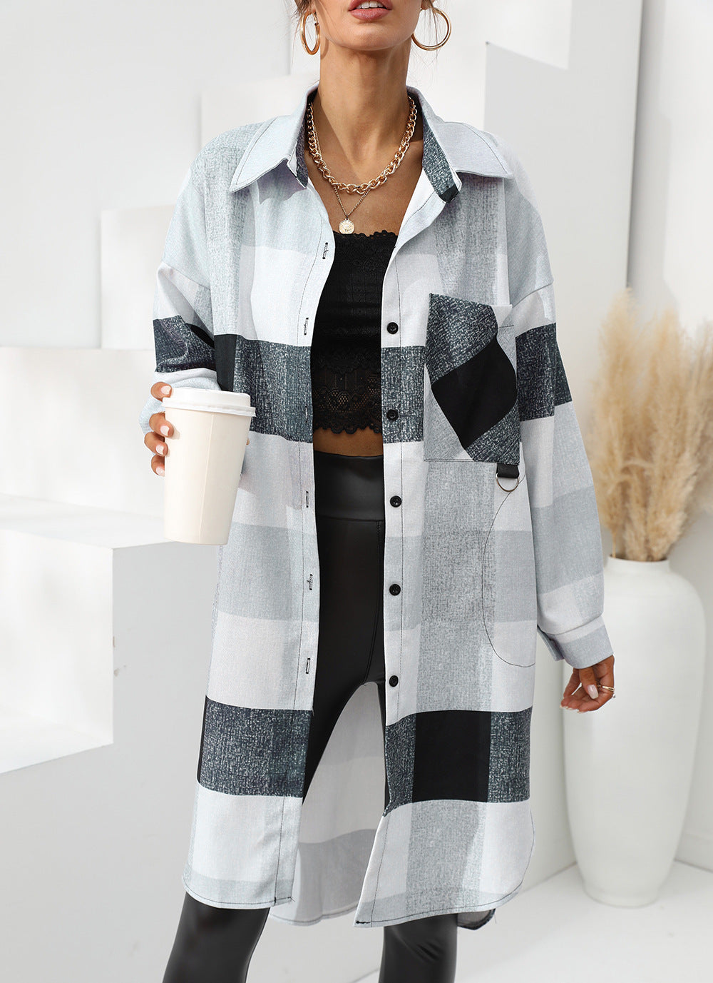 Einreihiger Langer Karomantel Für Damen Im Herbst Und Winter