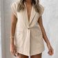 Women's British-style Suit Collar Cotton And Linen Casual Sleeveless Top And Shorts Two-piece Set