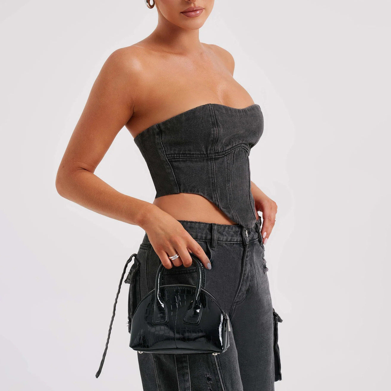 2-teiliges Denim-Set für den Sommer, sexy, rückenfreies Tube-Top und gerade Hose mit mehreren Taschen