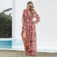 Floral Floral Dress Women Deep V-neck Ruffled Puff Sleeve Skirt