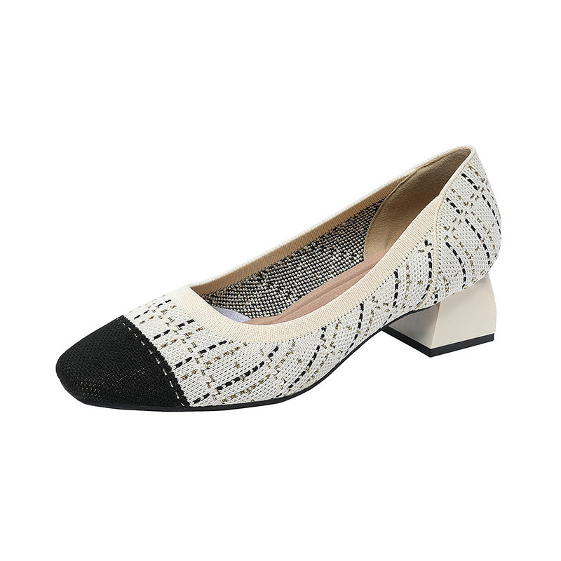 Goldfarbene Seide, neuer Farbblock-Stil, quadratische Zehenpartie, niedriger Schnitt, klobiger Absatz, mittelhoher Absatz, fliegende, gewebte Prinzessinnenschuhe