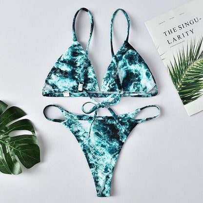 Leaf print split swimsuit feminine halter