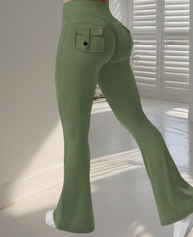 Pantaloni svasati da yoga e fitness con tasche, pantaloni sportivi alla moda a vita alta