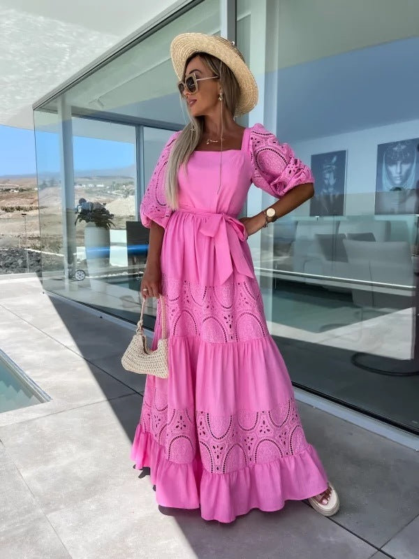 Abito da donna con lacci e vita stretta, casual e largo, con cuciture in pizzo