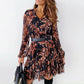 Temperament Printing V-Neck Long-Sleeved Belt Ruffle Skirt Dress Women